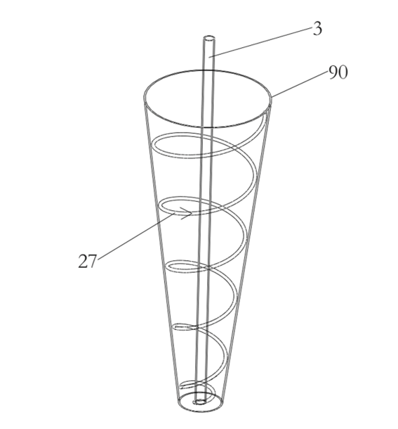 Engineering illustration of vortex-style flow path within an irrigation needle concept